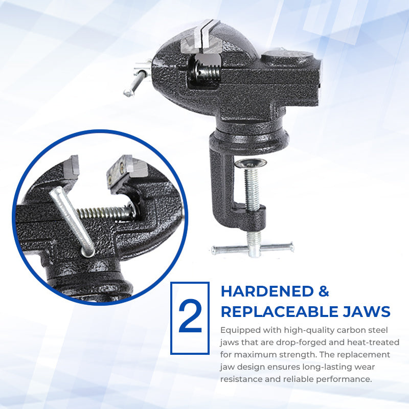 Heavy-Duty Black Bench Vise with 360° Swivel Base & Hardened Jaws