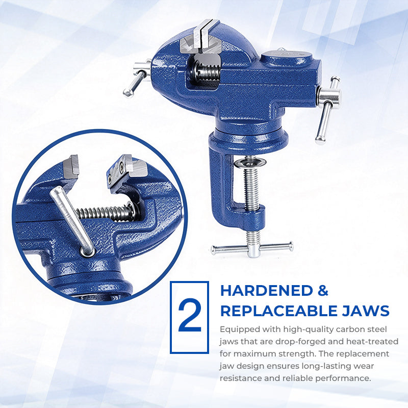 Heavy-Duty Blue Bench Vise with 360° Swivel Base & Hardened Jaws