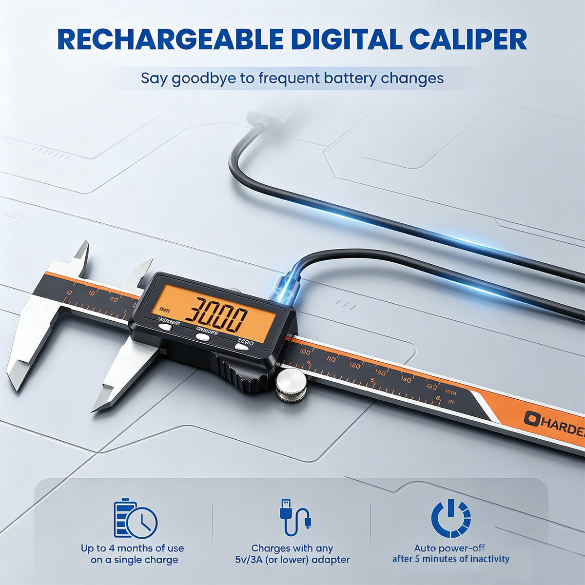 HARDELL 6" Rechargeable Digital Caliper – Orange LCD, USB-C