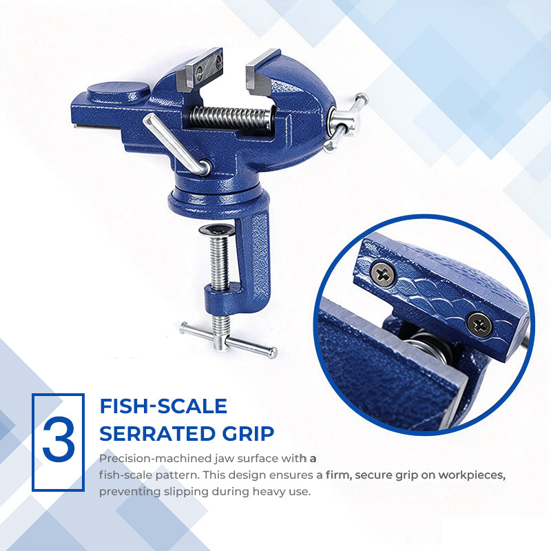 Heavy-Duty Blue Bench Vise with 360° Swivel Base & Hardened Jaws