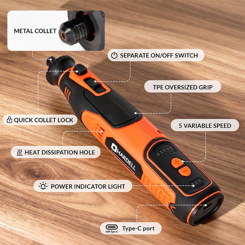 HARDELL 8V Cordless Rotary Tool Kit with LED Display & 140 Accessories