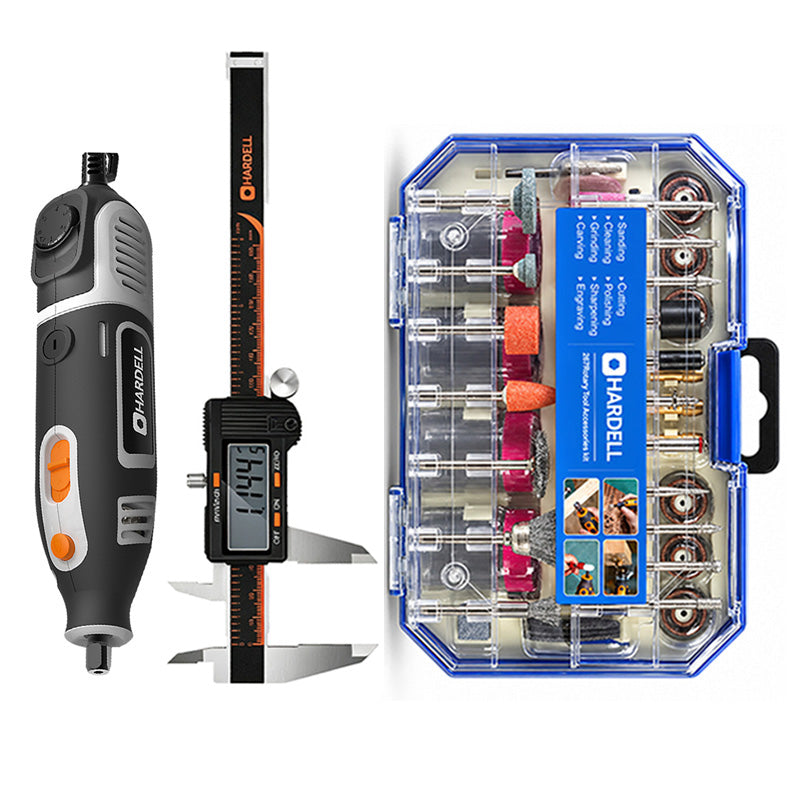 HARDELL Grey 200W Rotary Tool Set with Flex Shaft, Caliper, Engraver & 287pc Kit