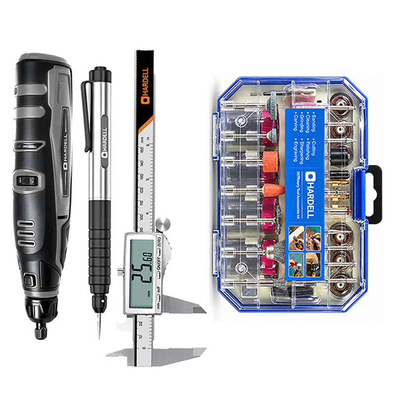 HARDELL 12V Black Gray Rotary Set with Caliper, Engraver & 287pc Kit