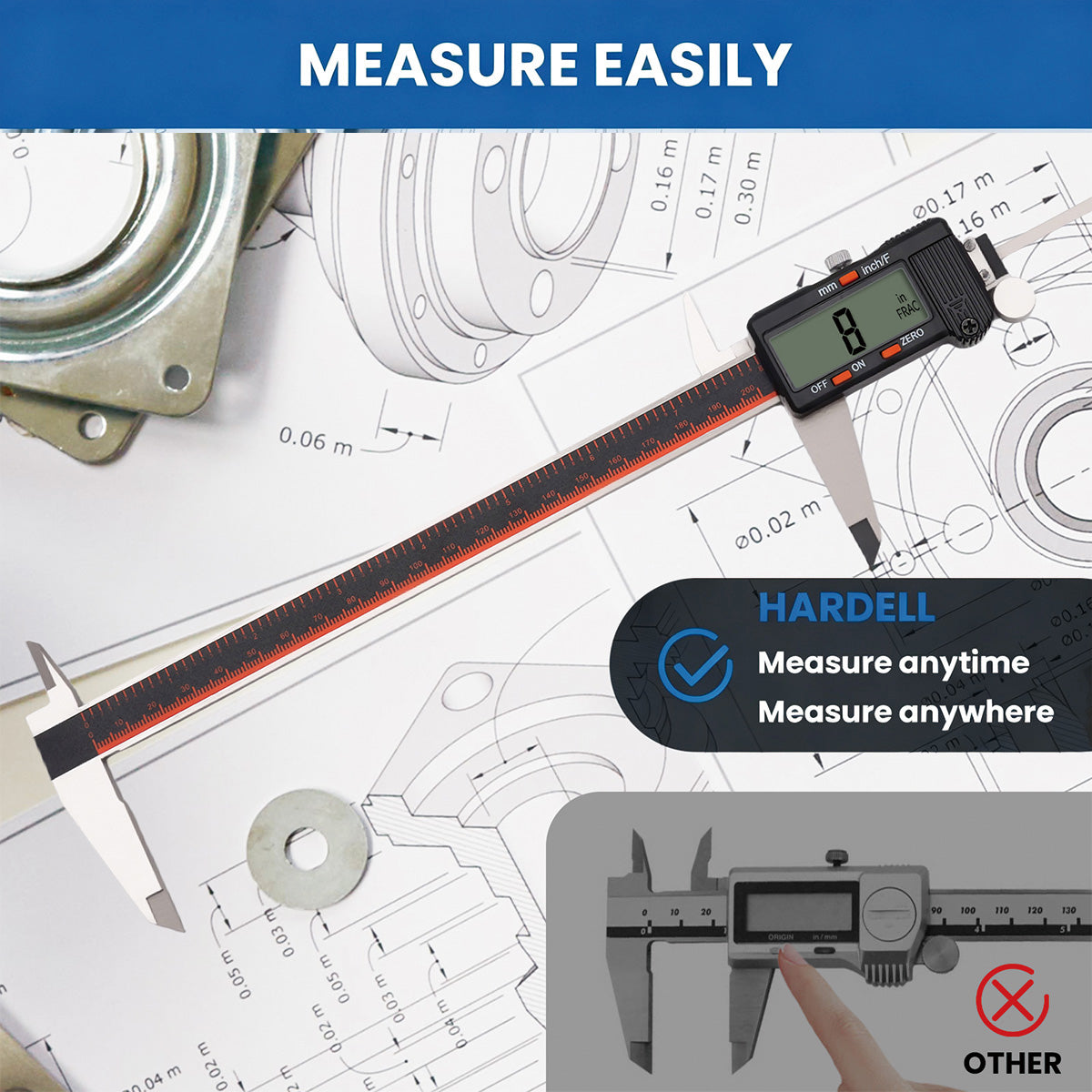 HARDELL 8" Stainless Digital Caliper with LCD & Auto-Off