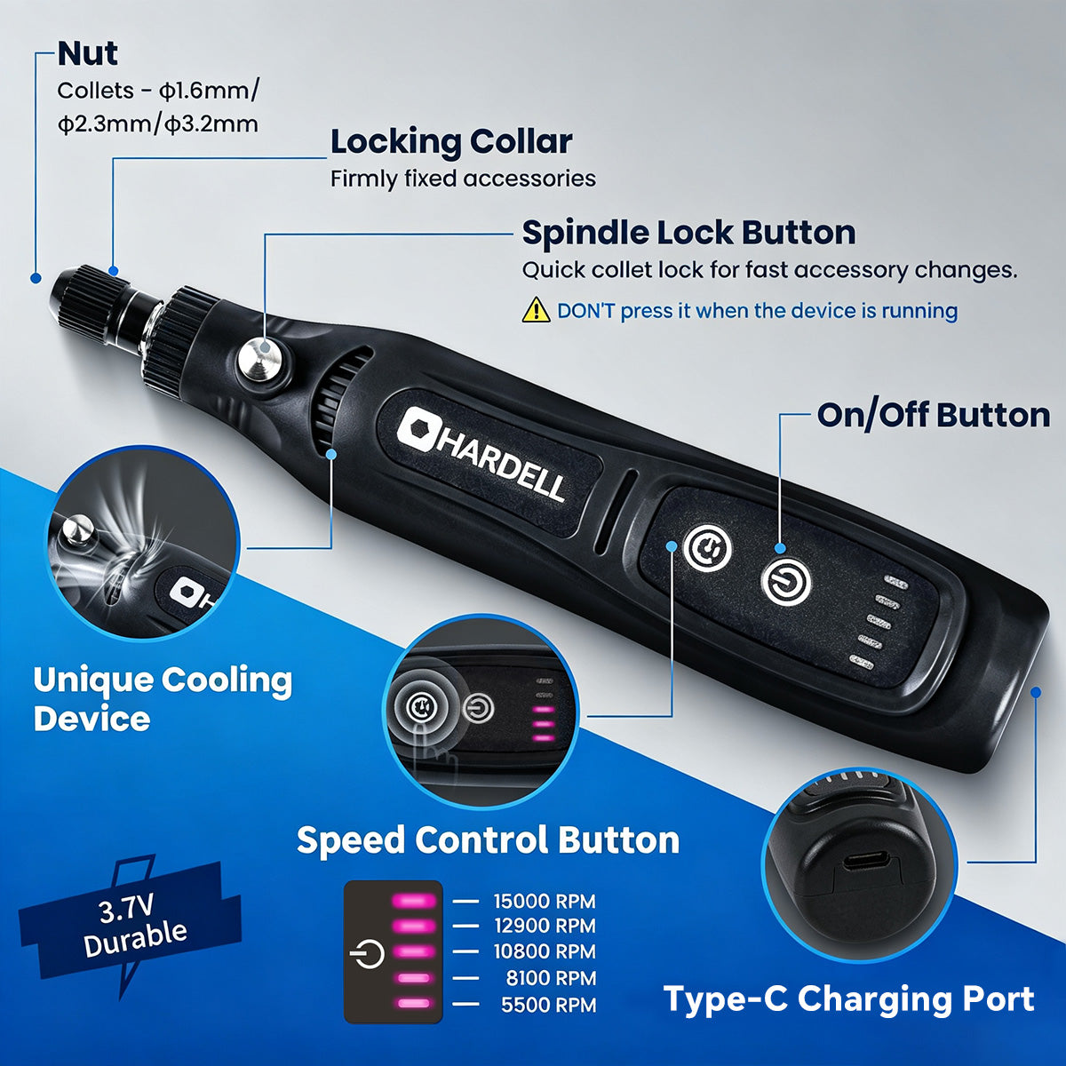 HARDELL Black Starter 42pcs Cordless Rotary Kit