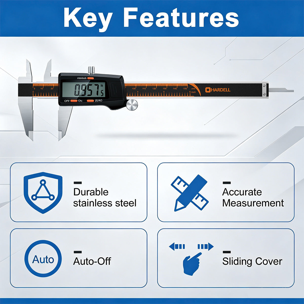 HARDELL 6" Digital Caliper, Large LCD Measuring Tool