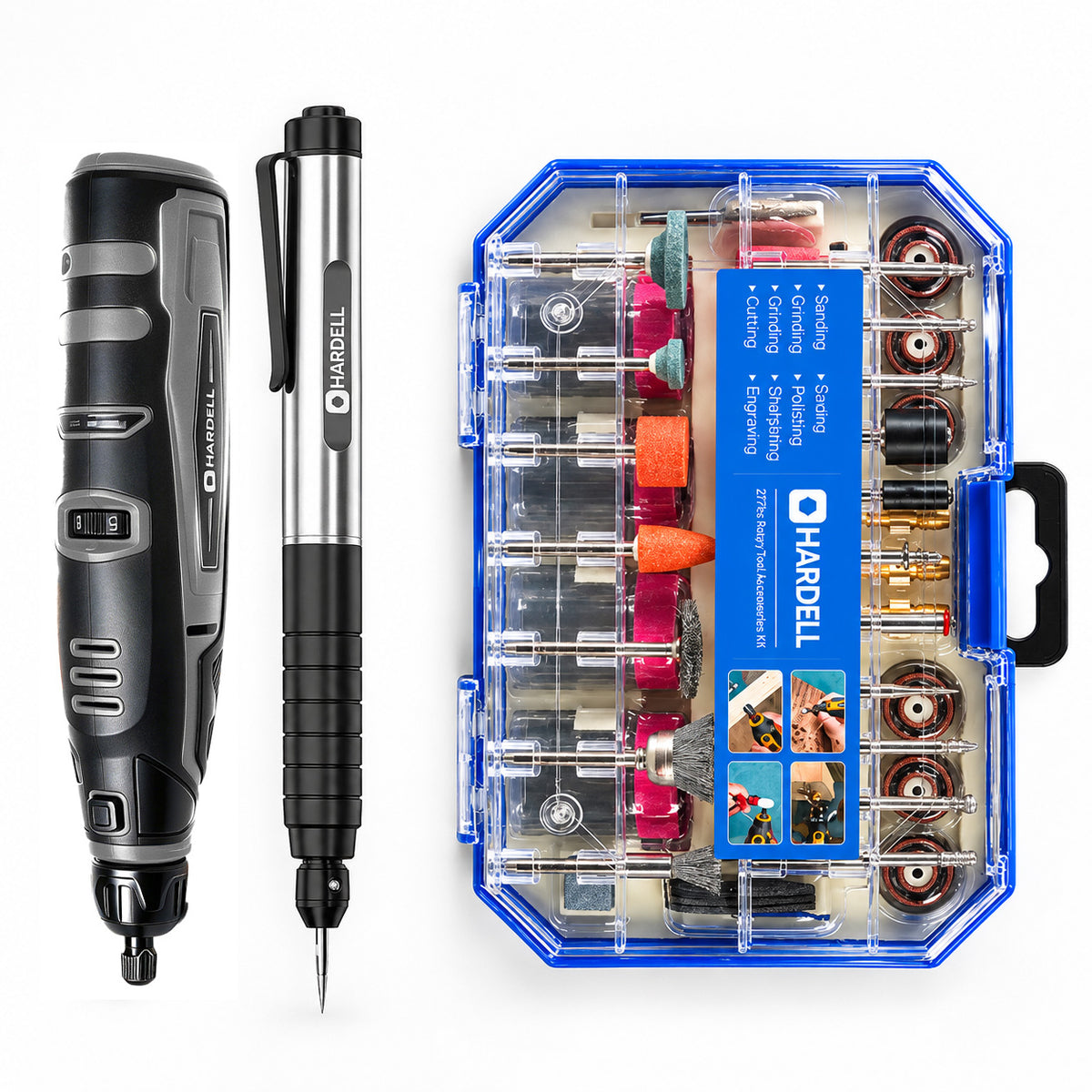 HARDELL 12V Black Gray Rotary Set with Caliper, Engraver & 287pc Kit