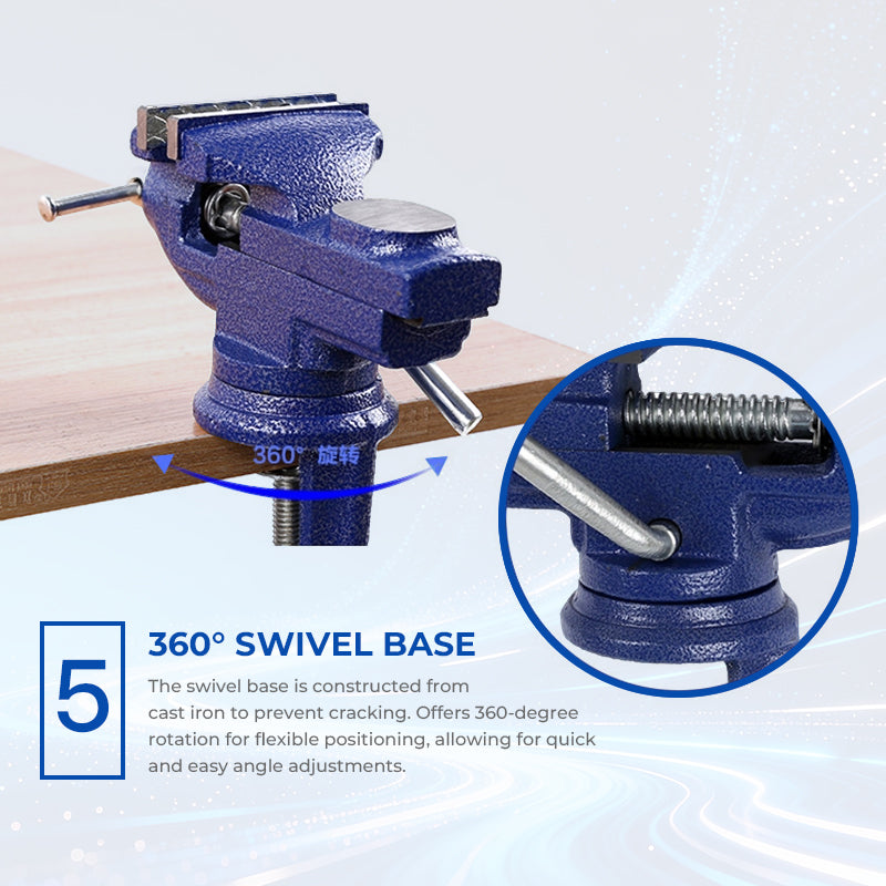Heavy-Duty Blue Bench Vise with 360° Swivel Base & Hardened Jaws
