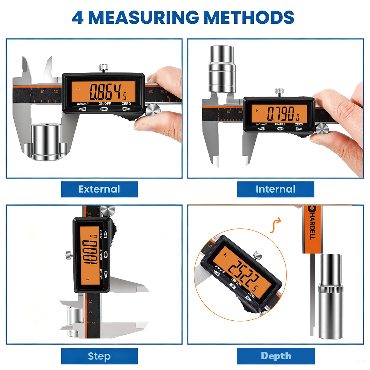 HARDELL 6" Rechargeable Digital Caliper – Orange LCD, USB-C