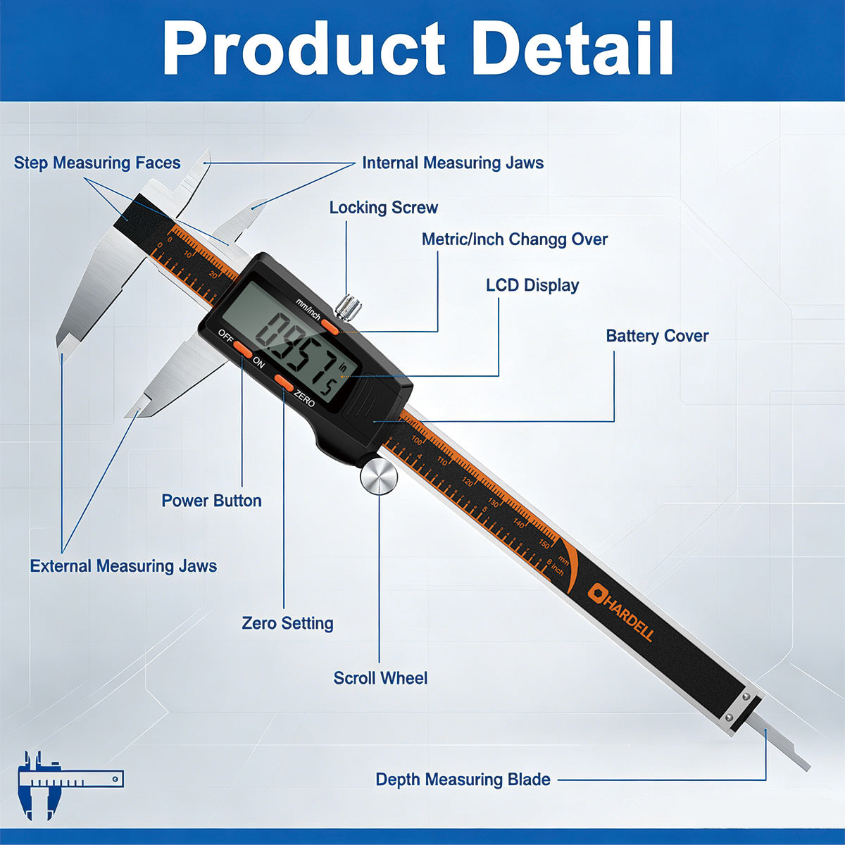 HARDELL 6" Digital Caliper, Large LCD Measuring Tool