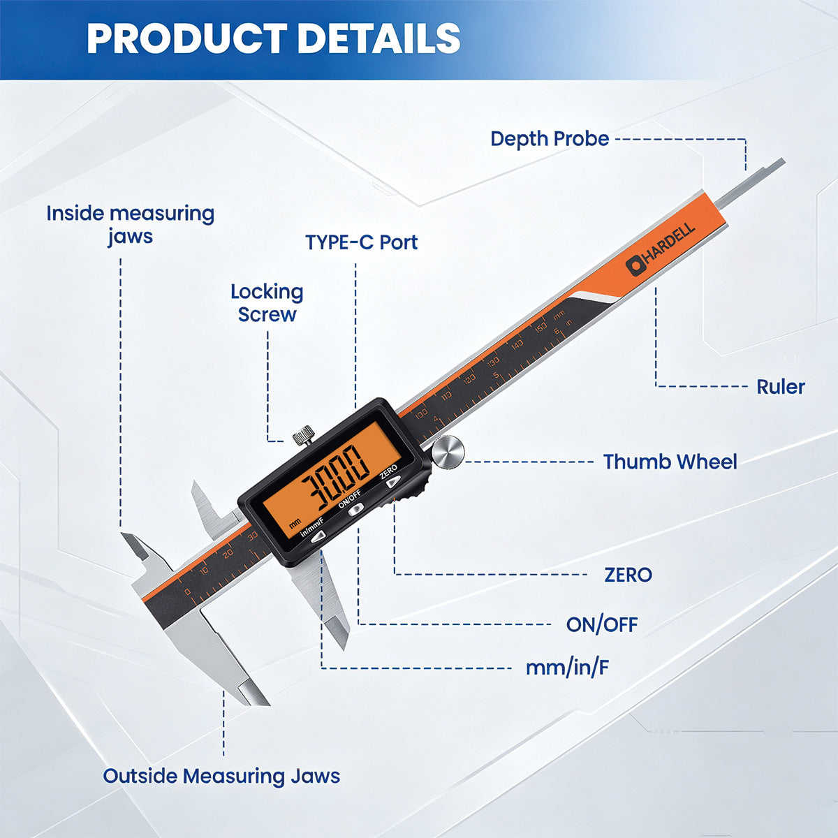 HARDELL 6" Rechargeable Digital Caliper – Orange LCD, USB-C