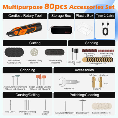 5 - Speed 12V Cordless Rotary Tool Kit with 80 Accessories 2Ah Battery - Hardell