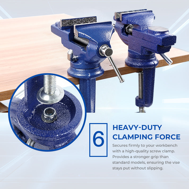 Heavy-Duty Blue Bench Vise with 360° Swivel Base & Hardened Jaws