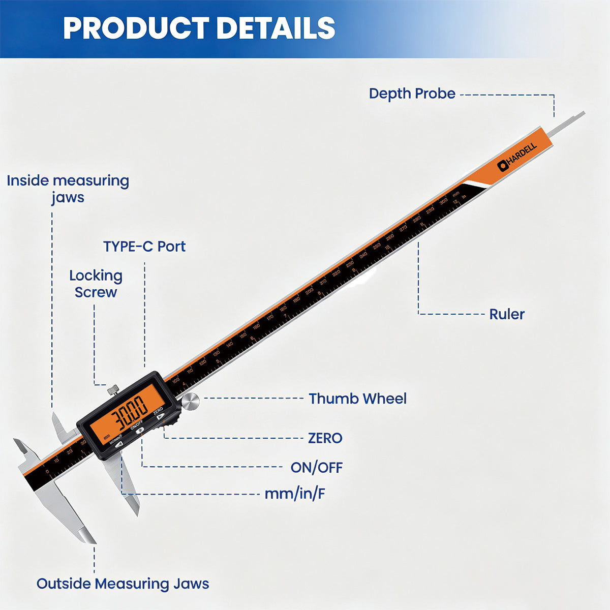 HARDELL Advanced Silver 12in Rechargeable Digital Caliper