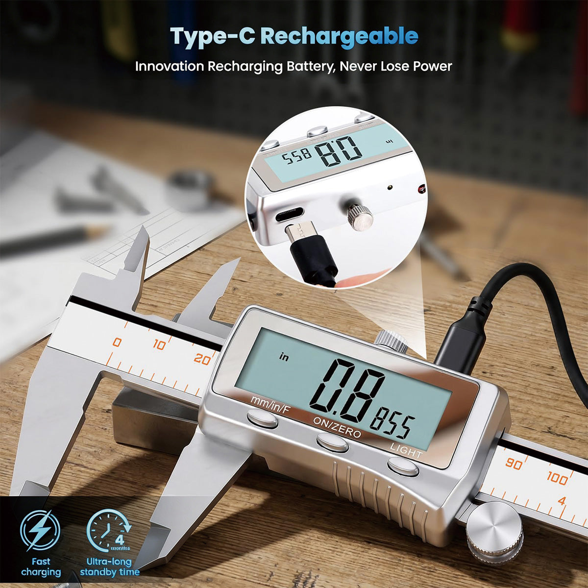 HARDELL 8" Rechargeable Digital Caliper – All-Metal, Backlit