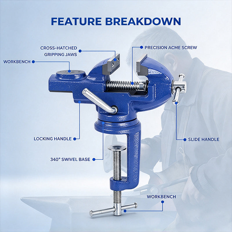 Heavy-Duty Blue Bench Vise with 360° Swivel Base & Hardened Jaws
