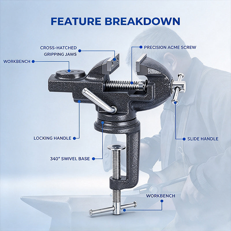 Heavy-Duty Black Bench Vise with 360° Swivel Base & Hardened Jaws