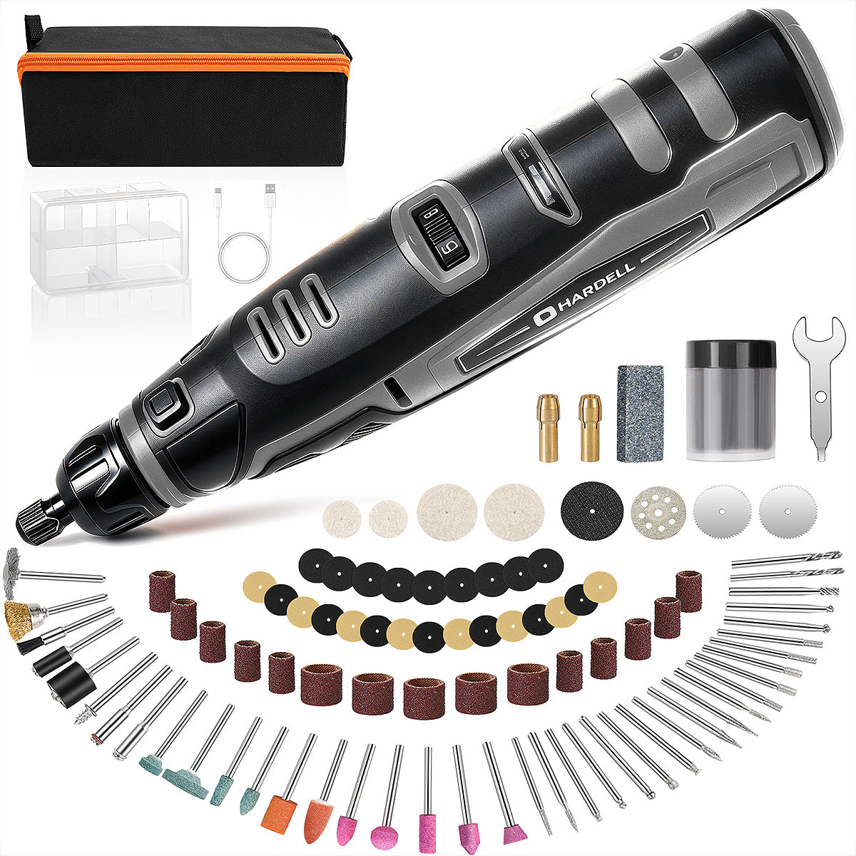 HARDELL 12V Black Gray Rotary Set with Caliper, Engraver & 287pc Kit