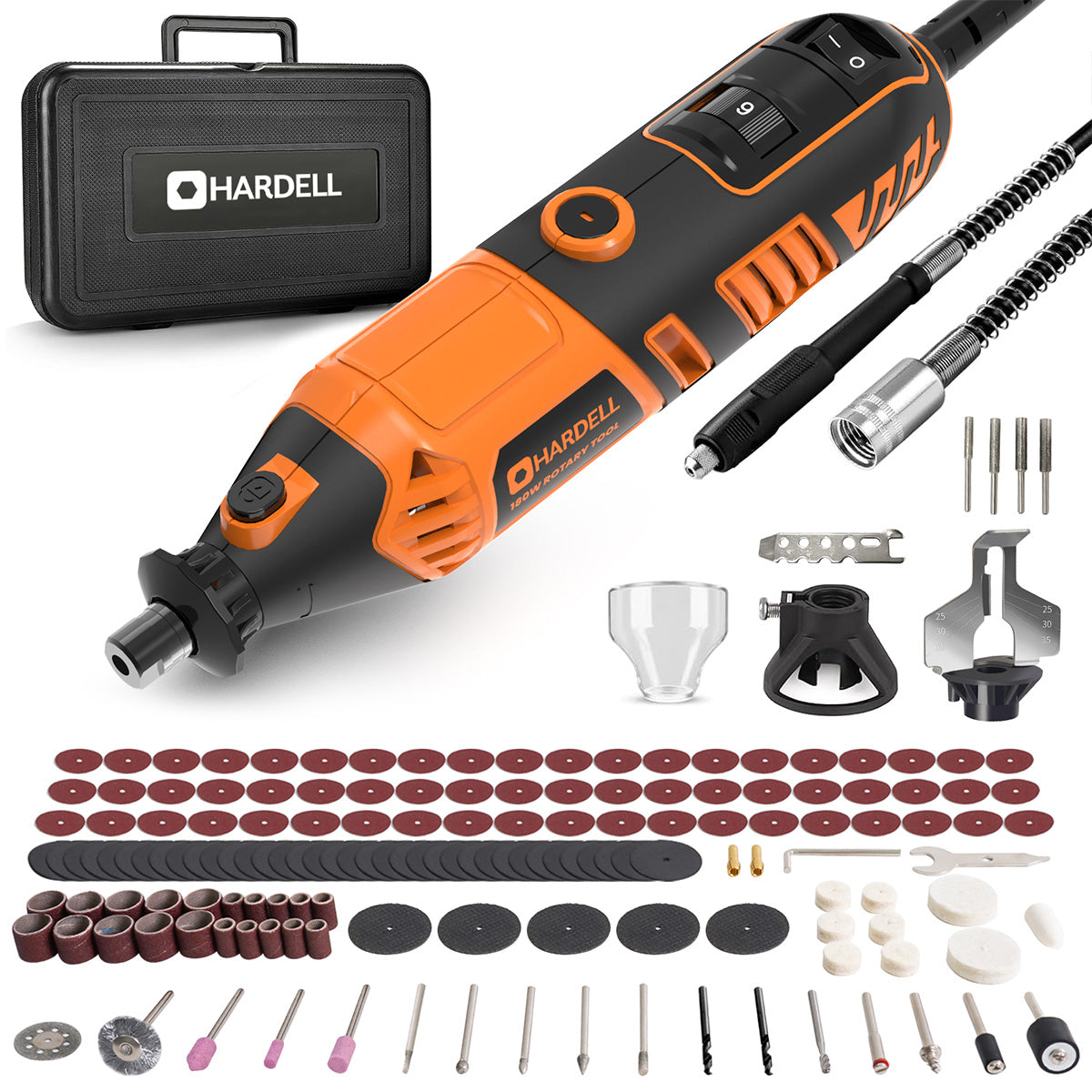 HARDELL 180W Orange Rotary Set with Flex Shaft, Caliper & Engraver