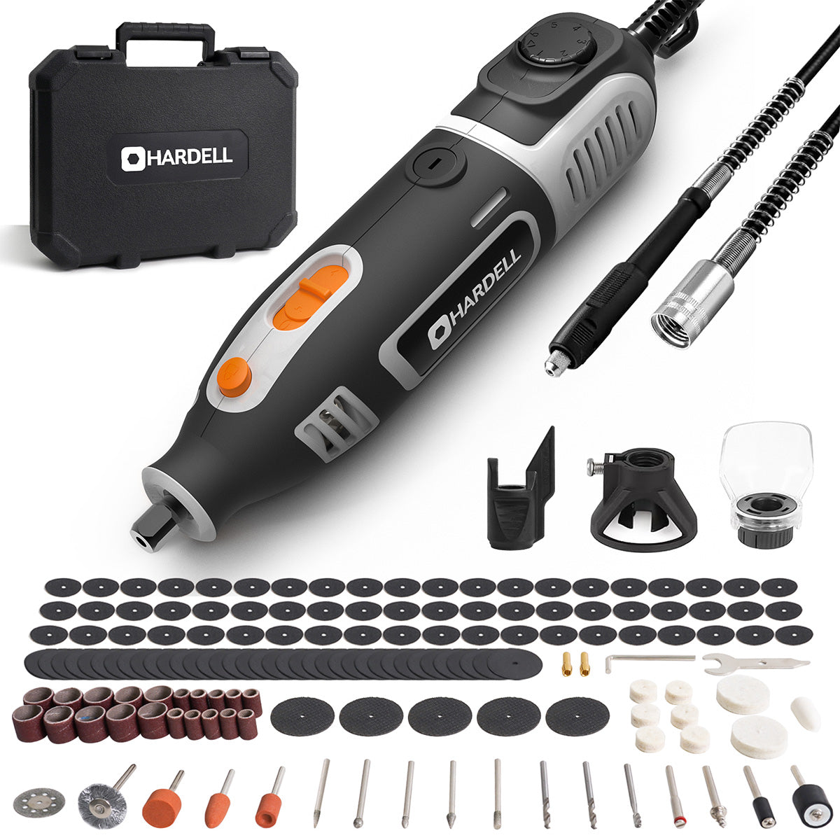 HARDELL Grey 200W Rotary Tool Set with Flex Shaft, Caliper, Engraver & 287pc Kit