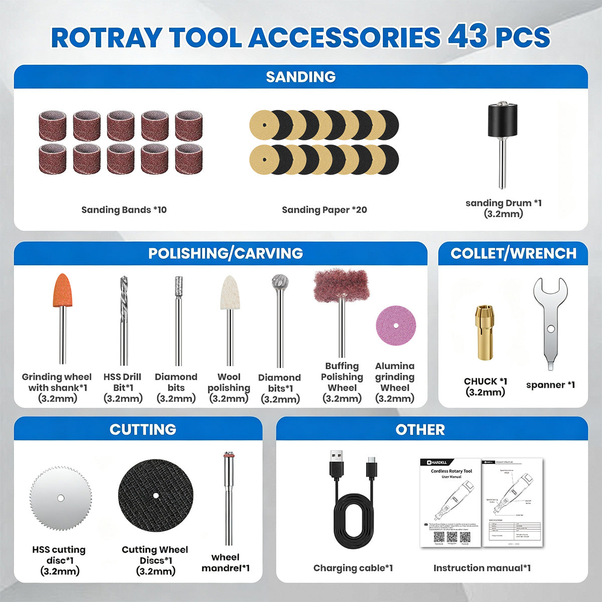 HARDELL Orange Advanced 43pcs Rotary Tool Kit