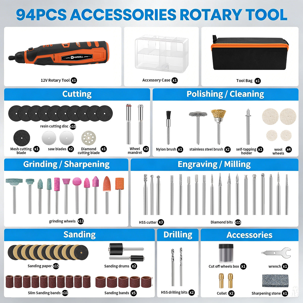 HARDELL Black Orange Advanced 94pcs Rotary Tool Kit