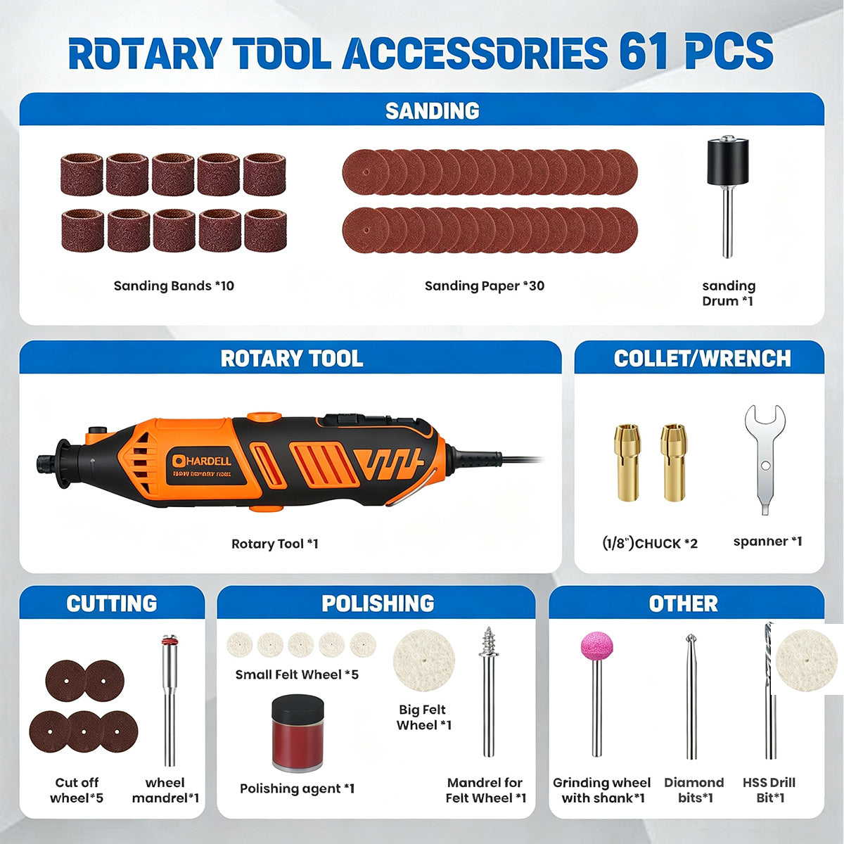 HARDELL Orange Pro 61pcs Corded Rotary Tool Kit