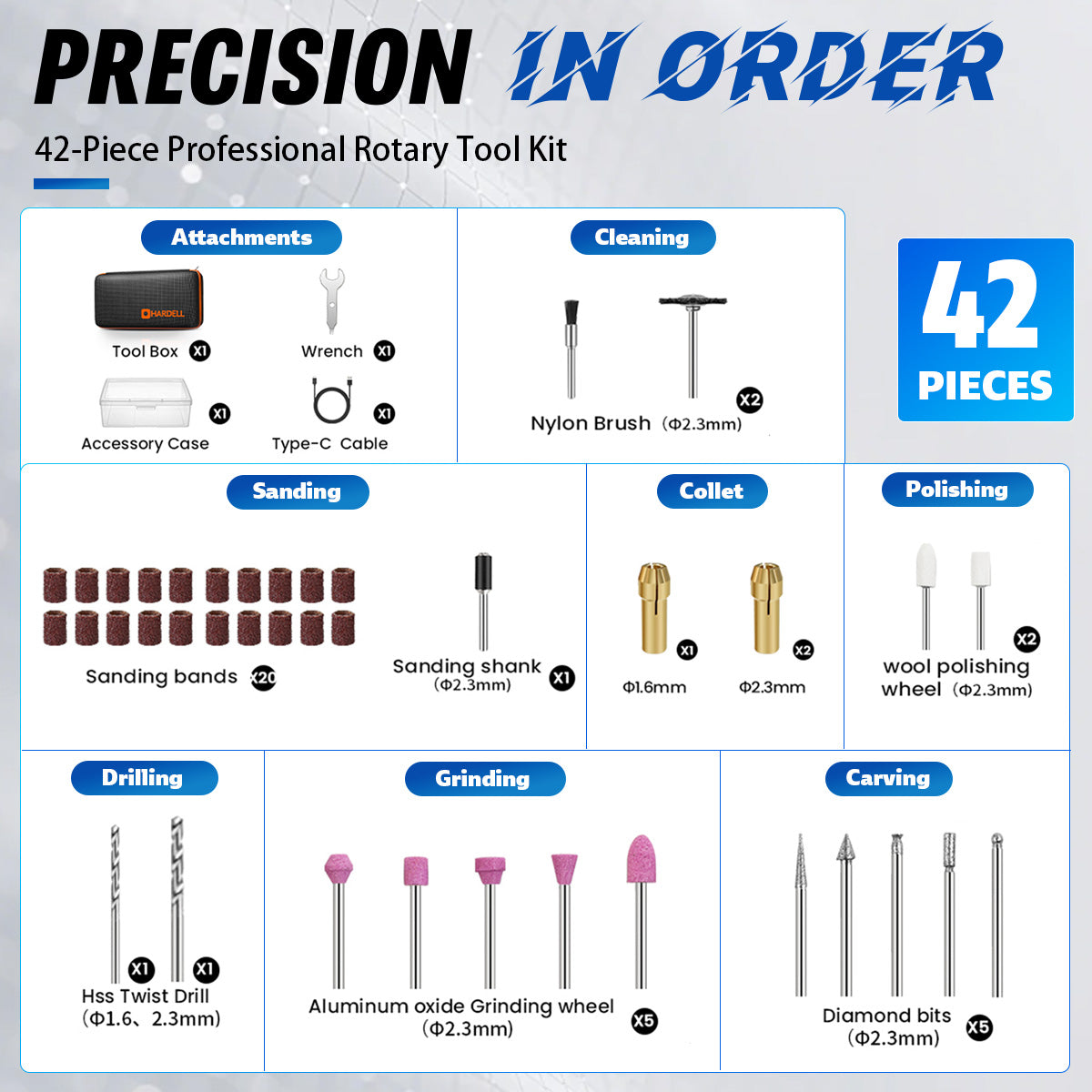 HARDELL Black Starter 42pcs Cordless Rotary Kit