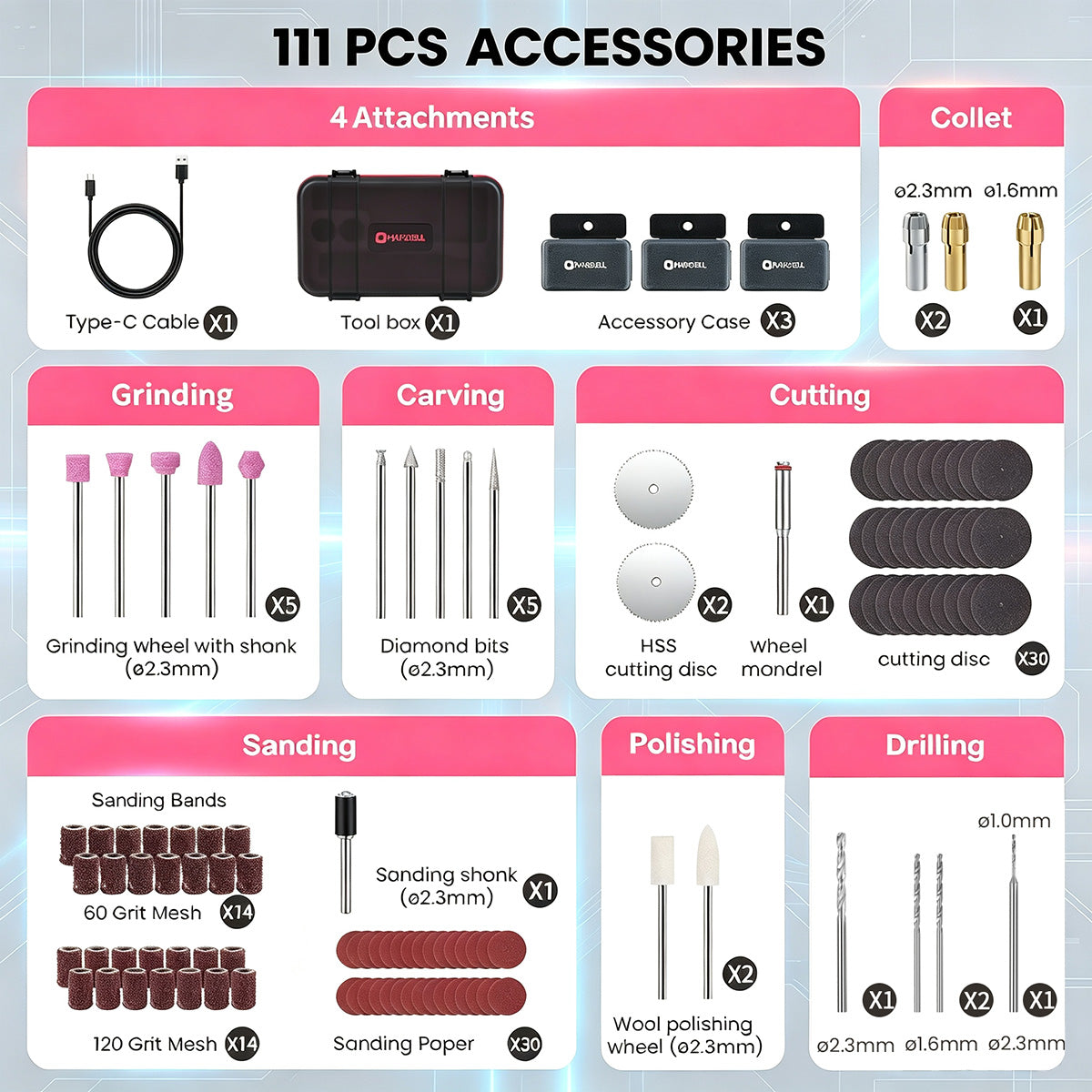 HARDELL Pink Advanced 111pcs Rotary Tool Kit