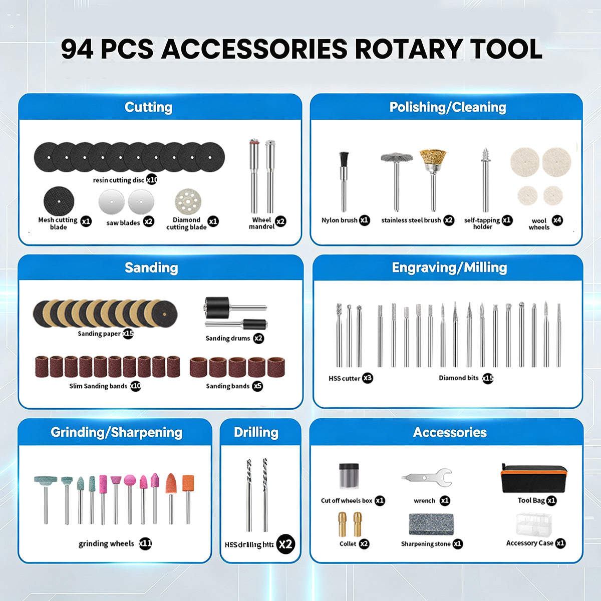 HARDELL Black Gray Advanced 94pcs Rotary Tool Kit
