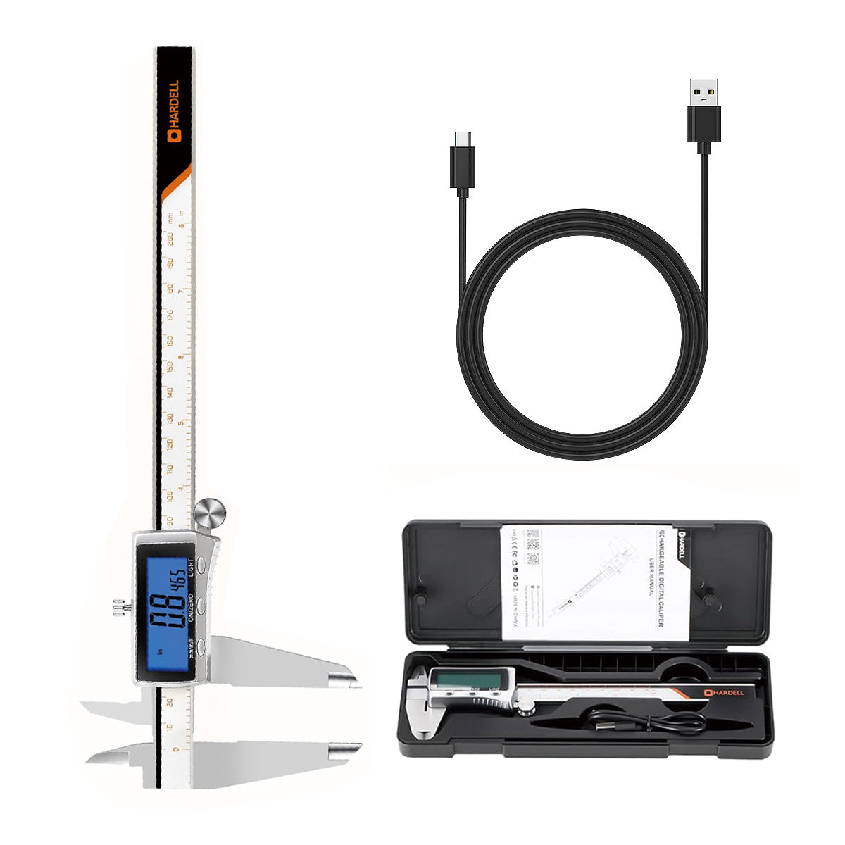 HARDELL 8" Rechargeable Digital Caliper – All-Metal, Backlit