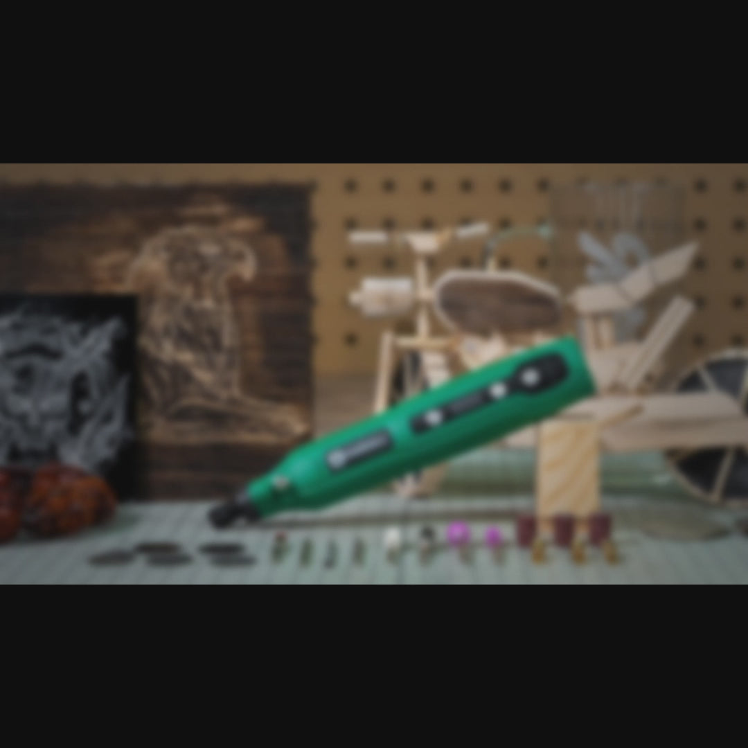 Load video: HARDELL Green Essential 69pcs Cordless Rotary Kit