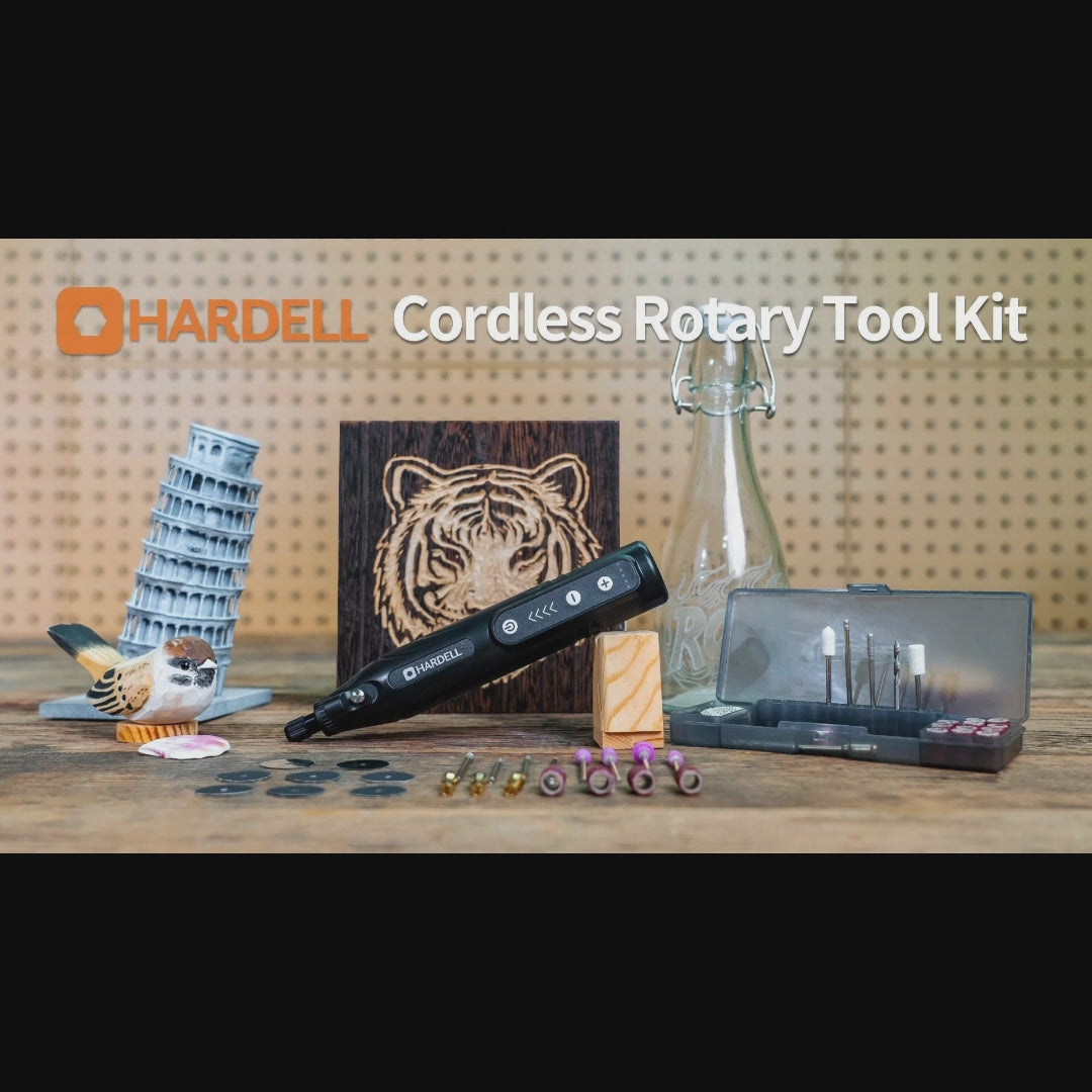 Load video: HARDELL Black Starter 4V Cordless Rotary Tool Kit